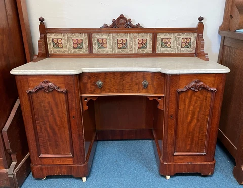 ANTIQUE WALNUT WASHSTAND CABINET w/ TILE & MARBLE Local Pickup NORTH CAROLINA Cover