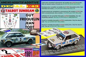 ANEXO DECAL 1/43 TALBOT SUNBEAM LOTUS GUY FREQUELIN TOUR DE CORSE 1981 2nd (01) - Picture 1 of 1