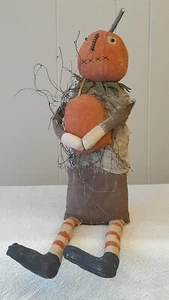 Handgefertigte primitive Stoff Kürbis Puppe Volkskunst Grungy Herbst Patchwork - Bild 1 von 4