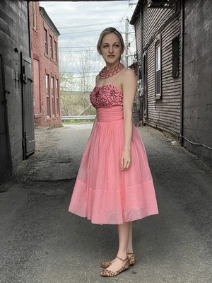 Vestido vintage-años 50-1960 chicle rosa lentejuelas fiesta-promoción-vacaciones-cariño-s Foto 1 de 4