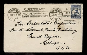 AUSTRALIA CVR cds BRISBANE 1917 wSLOGAN BUY WAR SAVINGS..... FKD 2 1/2p KANGAROO - Picture 1 of 5