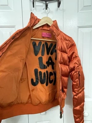 Puffer Jacket Juicy Couture Y2K Viva La Juicy Orange Size Small Snaps Zipper - Image 1 of 4