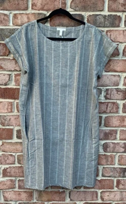 Nuevo con etiquetas Vestido Eileen Fisher Gris Cáñamo Algodón Bolsillos Rayas Cambio con Bolsillos S Foto 1 de 4