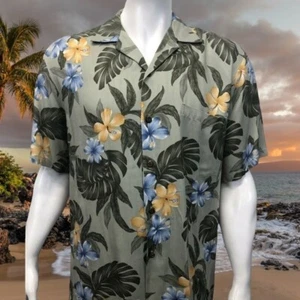 Ho Aloha Mens Authentic Hawaiian Green Floral Short Sleeve Shirt Made In Hawaii - Picture 1 of 8