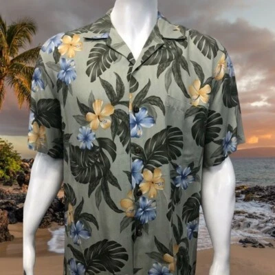Ho Aloha Mens Authentic Hawaiian Green Floral Short Sleeve Shirt Made In Hawaii - Image 1 of 4