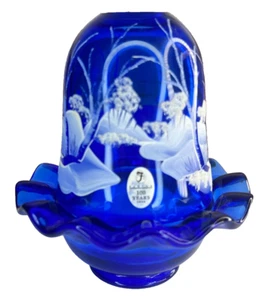 Fenton 100 Years Cobalt Blue Winter Woodland Scene Fairy Lamp Artist Signed - Picture 1 of 9