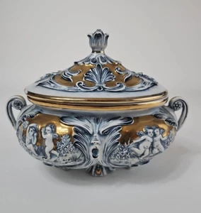 Vintage Ardalt Capodimonte Pedestal Tureen 5329 signed Blue an Gold Cherub Italy - Picture 1 of 15