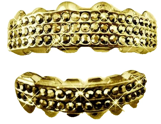 Parrilla de dientes chapada en oro 14K circonita cúbica helada de hip hop ajuste personalizado con piedras doradas limitada Foto 1 de 2