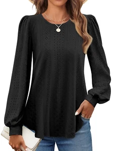 Eyelet Blouses for Women Dressy Casual Long Sleeve Shirts Crew Neck Fall Trendy - Picture 1 of 12