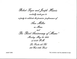 Ann Miller's Mame Premiere Performance Party Invitation / Admission Ticket, 1969 - Picture 1 of 2