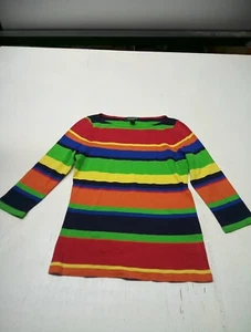 Lauren Ralph Lauren Womens Top PMed Colorful Rainbow Striped 3/4 Sleeves Cotton - Picture 1 of 5
