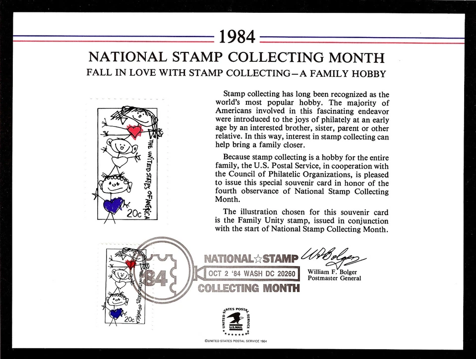 SOUVENIR CARD FIRST DAY National Stamp Collecting Month USPS FDOI FDC 1984 - Image 1 of 1