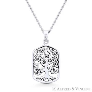 Antique-Finish Tree-of-Life Charm .925 Sterling Silver Pendant & Chain Necklace - Picture 1 of 1