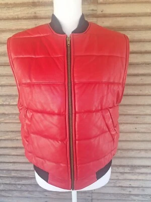 I. Magnin Vest Blue Duck Red Leather Puffer Motorcycle Biker Zip Up Size M  - Image 1 of 4