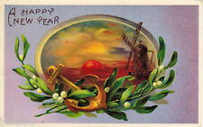 1914 NEW YEAR postcard: Anchor Windmill Sunset Printed in Germany Used in USA