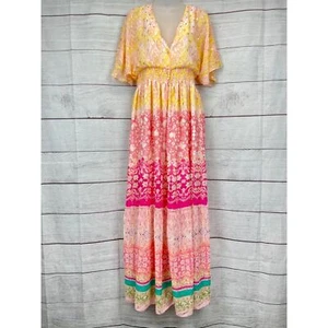 House of Harlow Yellow Pink Floral Metallic Button Front Maxi Dress Size M - Picture 1 of 12