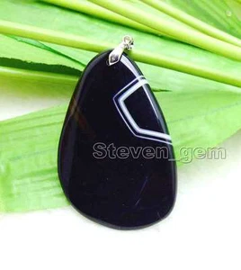 SALE Big 40*60mm Black Drop Natural Striped Agate pendant 17-19" necklace_ne5947 - Picture 1 of 5