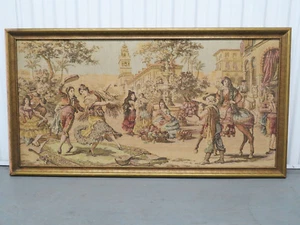 Antique Vintage Tapestry Embroidery Spanish Dancers Town Square Scene Framed - Picture 1 of 12