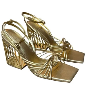 Cult Gaia Inka Mini Wedge Gold Leather Sandals Sculptural Heel NEW EU 38 US 8 - Picture 1 of 10