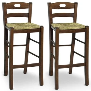Set De 2 Taburetes de Madera Nogal Oscuro H 66 CM Con Mango Con Asiento En Paja - Imagen 1 de 5