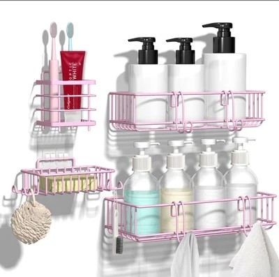 No Drill Shower Caddy 4pk, Rustproof Shelves w/Soap & Toothbrush Holder, Pink - Image 1 of 4