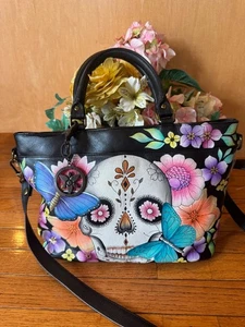Anuschka Day Of The Dead Sugar Skull Satchel Large Tote Leather Bag (150 - Picture 1 of 11