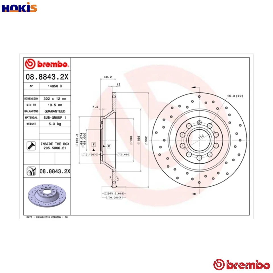 2x BRAKE DISC 08.8843.2X FOR AUDI A6/S6 BPJ/BYK 2.0L CAHB/CAHA/BVG/BRF 2.0L A6 - Image 1 of 4