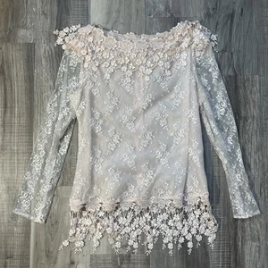 Vintage Patra Size 9-10 Blush Pink Long Sleeve Lace Overlay Blouse Zipped Back - Picture 1 of 10