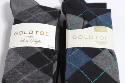 Gold Toe Women's Knee Highs 4 pair Argyle and Solid NIP Blues Black Grey Purple - Image 1 of 4