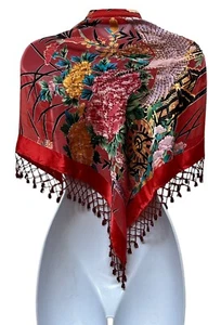 Vintage Suzanne Somers Red Wrap Scarf Beaded Silk Blend Embroidered Art to Wear - Picture 1 of 8