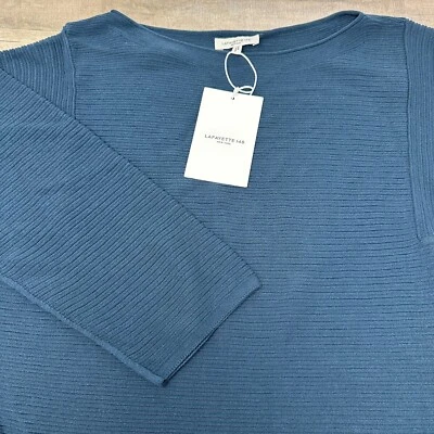 Pullover pequeño para mujer Lafayette 148 acanalado semi transparente azul montaña manga larga Foto 1 de 4