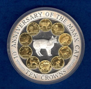 1997 Isle of Man 10 Crown 10th Anniversary of the Manx Cat Silver/Gold Coin - Picture 1 of 10
