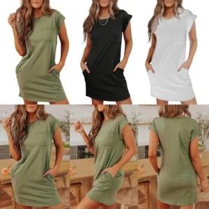 Women s Summer Casual Tshirt Dresses V Neck Short Sleeve Loose Dress with Pocket - Picture 1 of 23