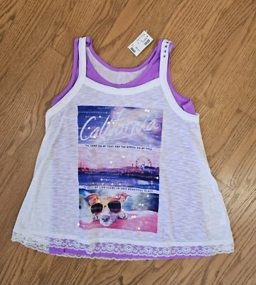 NEW Justice 2 in 1 T Shirt Top Purple and White Tank Girls Sz 18 California Dog - Image 1 of 4