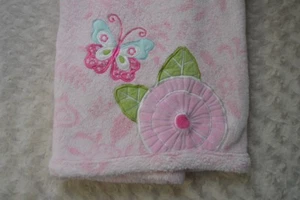 Pink Floral Butterfly Baby Blanket Flower Blue Plush Security Lovey Green Leaf - Picture 1 of 9
