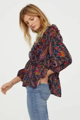 H&M Blusa Con Flounces Paisley Floral Negro Rojo Azul Mostaza Peplo 10 38 6 - Imagen 1 de 2