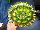 UNUSUAL LARGE HAND FINISHED GLASS BOWL NEON METALLIC LIME SUNFLOWER DESIGN 13"