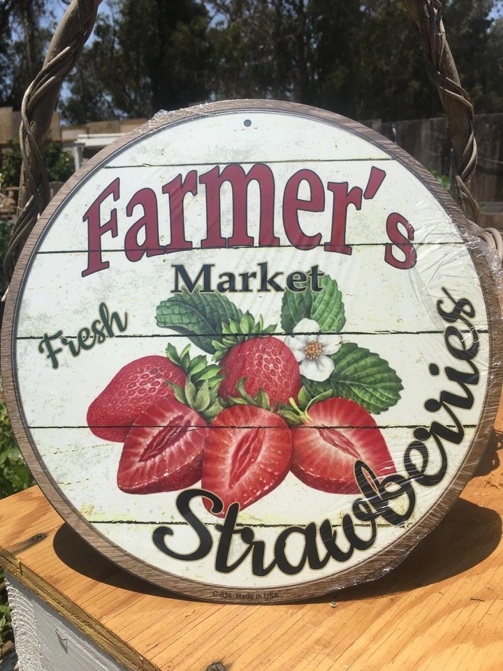 Farmers Market Fresh Strawberries Round Sign Vintage Garage Bar Decor Old Rustic - Image 1 of 1