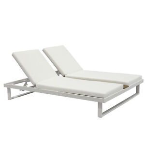 Double Pool Lounge Chaise Aluminum Chair Outdoor Patio Sun Bed w/wood Table