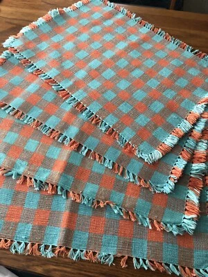 4 FIESTA Fringed Woven Check Placemats Tomato Red/Turquoise Indian Cotton 14x20 - Image 1 of 4