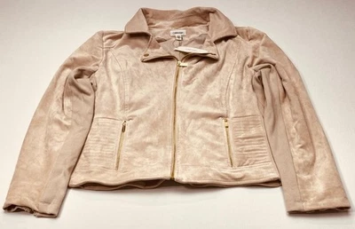 NWT Calvin Klein Moto Jacket Tan Khaki Faux Suede Womens XL Gold Zippers Snaps - Image 1 of 4