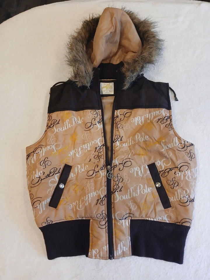 Y2K SOUTH POLE Full Zip Faux Fur Hoodie Logo Print Puffer Vest Women's Size L - Image 1 of 4