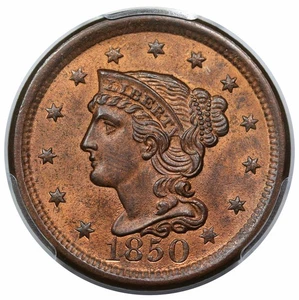 1850 Braided Hair Large Cent, N-7, PCGS MS64RB CAC - Picture 1 of 3