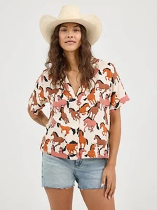 WRANGLER Women's Wrangler Retro Cowgirl Camp Shirt Orange Horses NWT HOT SALE! - Picture 1 of 4