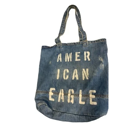 American Eagle Outfitters Jean Denim Tote Bag Purse 15 in Blue Spellout Vintage - Изображение 1 из 4