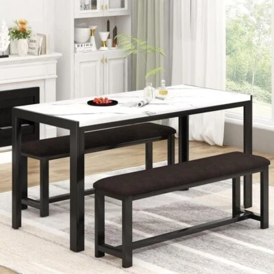 Faux Marble Dining Table Set with 2 Benches – Space Saving, 4 Seater - Image 1 of 4