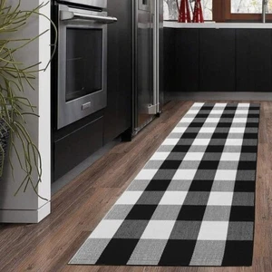 Modern Buffalo Plaid 2'x6' Black and White Welcome Mat – Chic Home Accent - Picture 1 of 5