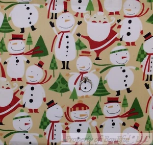 BonEful Fabric FQ Cotton Quilt Brown Red White Snowman Santa Claus Country Farm - Picture 1 of 12