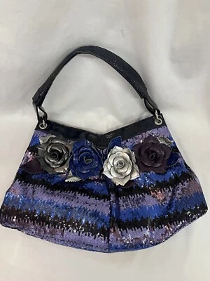Diseñado en Nueva York por Sharif Azul Púrpura Negro Lentejuelas Cuero Flores Bolso Foto 1 de 4
