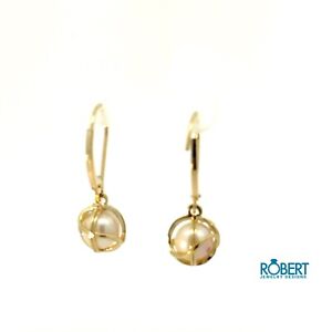 Dangle Drop Pearl Earrings with Lever- Back in 14k Yellow Gold